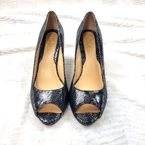 Cole Haan metallic python print peep toe heels